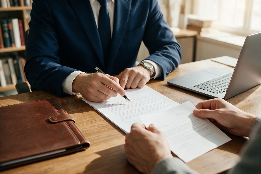 Advogado de terno azul-marinho analisando documentos com o cliente à mesa