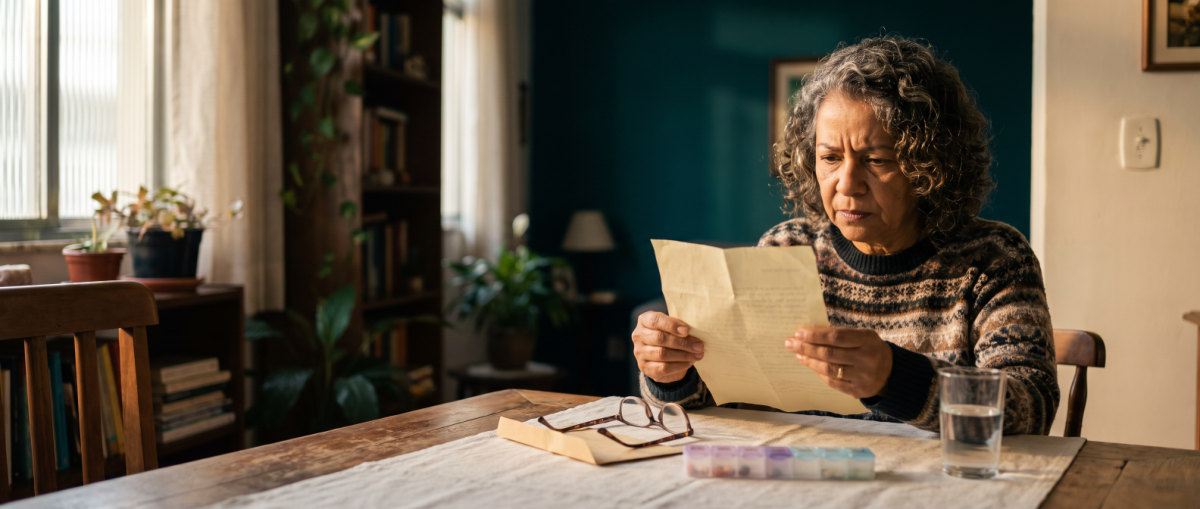 Mulher sentada à mesa de casa, lendo com preocupação uma carta do plano de saúde